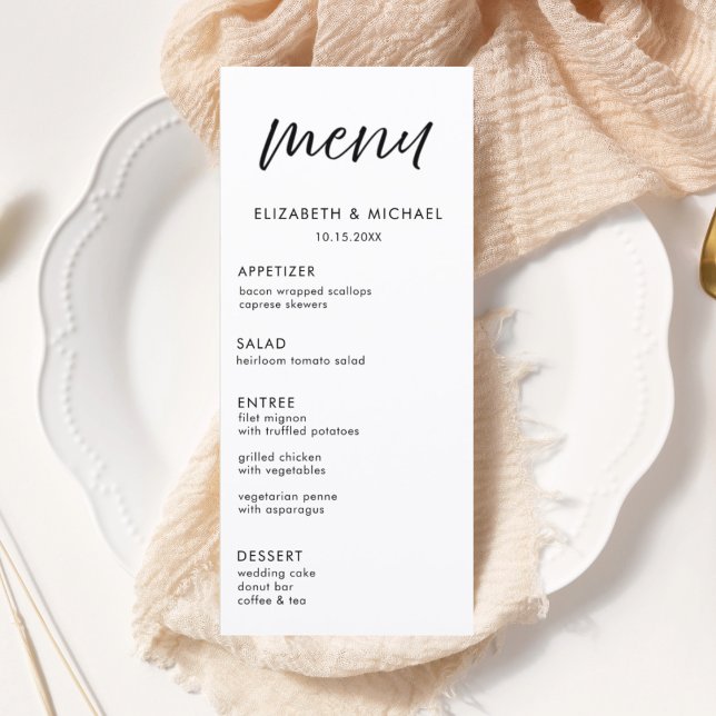 Modern Script Black & White Wedding Reception Menu (Criador carregado)