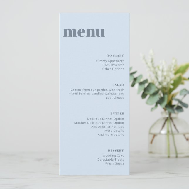 Modern Soft Blue Wedding Tall Template Dinner Menu (Em pé/Frente)