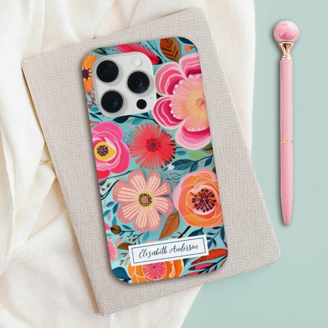 Modern Stylish Colorful Pink Floral Monogram (A stylish colorful floral personalized cell phone case)