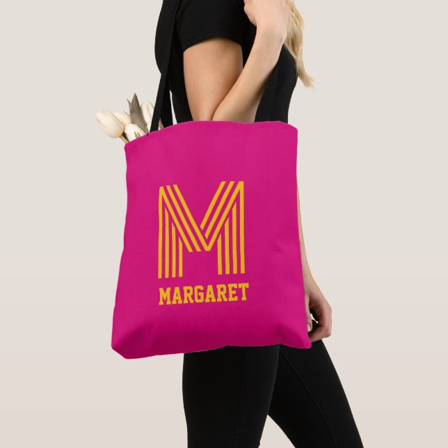 Modern stylish fuchsia &yellow monogram name Tote (Close Up)