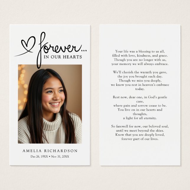 Modern Sympathy Photo Funeral Memorial Prayer Card (Frente & Verso)