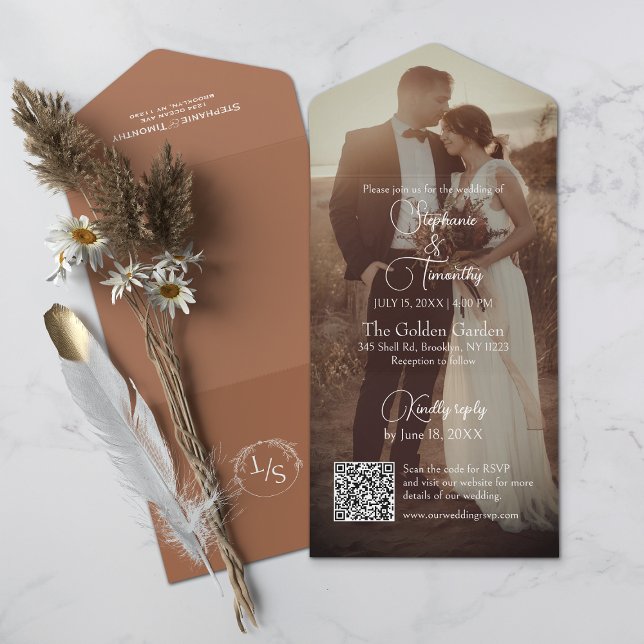 Modern Terracotta | Casamento de Foto Laranja Quei (All-in-one wedding invitation with QR code to RSVP - Simplify and save time for you and your guests.)