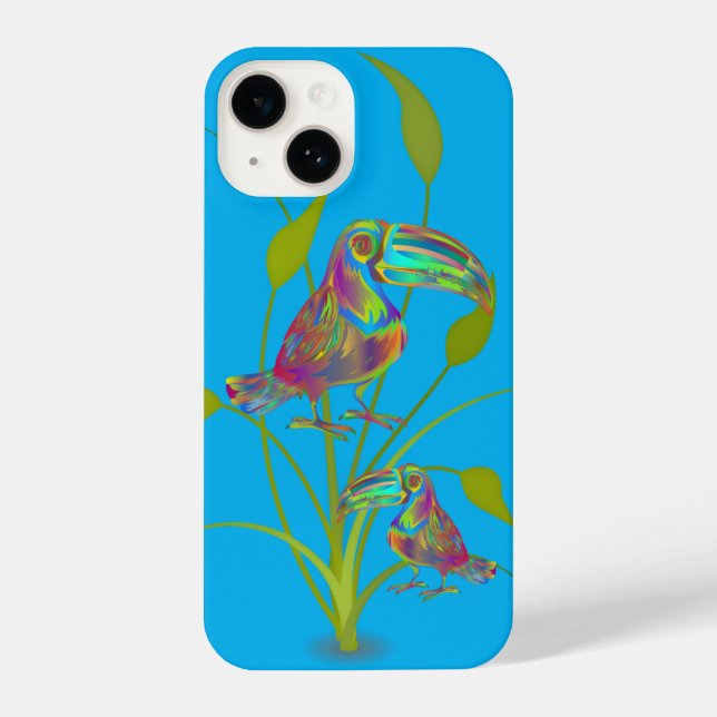 Modern Toucan Art with Plants Turquoise Phone Case (Verso)