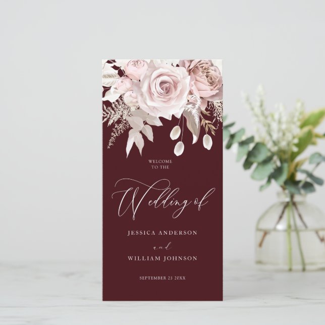 Modern Trendy Deep Burgundy Blush Wedding Program (Em pé/Frente)