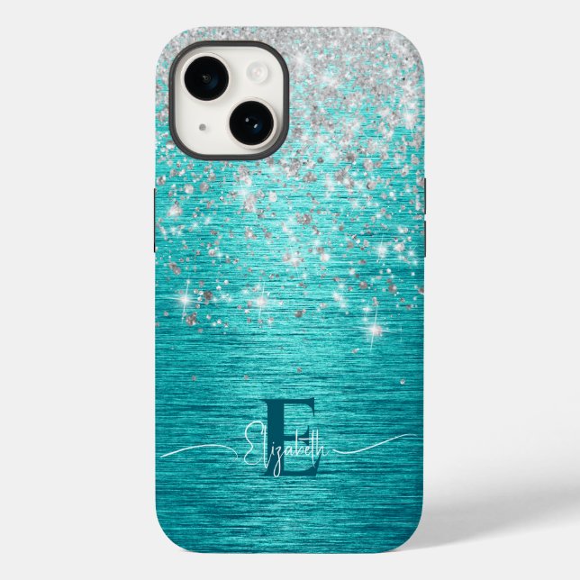 Modern Turquoise Silver faux glitter Monograma (Verso)