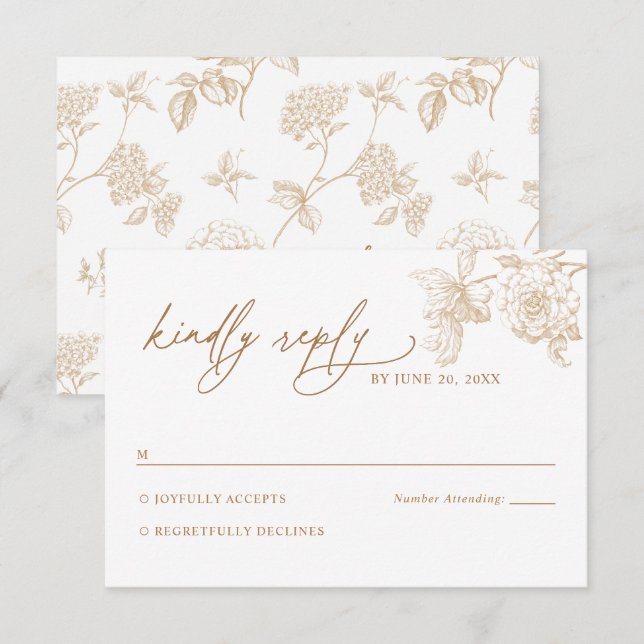 Modern Victorian Gold Floral Wedding RSVP Card (Frente/Verso)