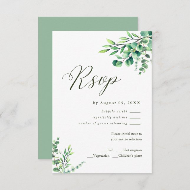 Modern Watercolor Eucalyptus Greenery Wedding RSVP (Frente/Verso)
