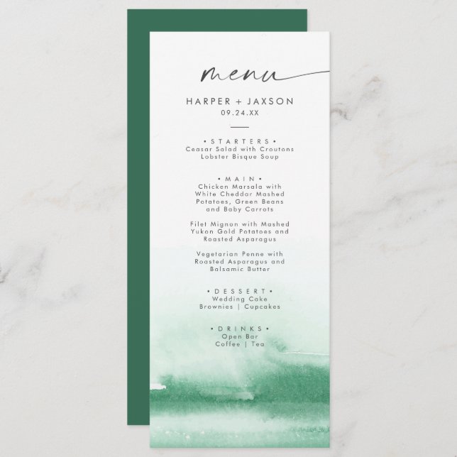 Modern Watercolor | Menu Janto Casamento Verde (Frente/Verso)