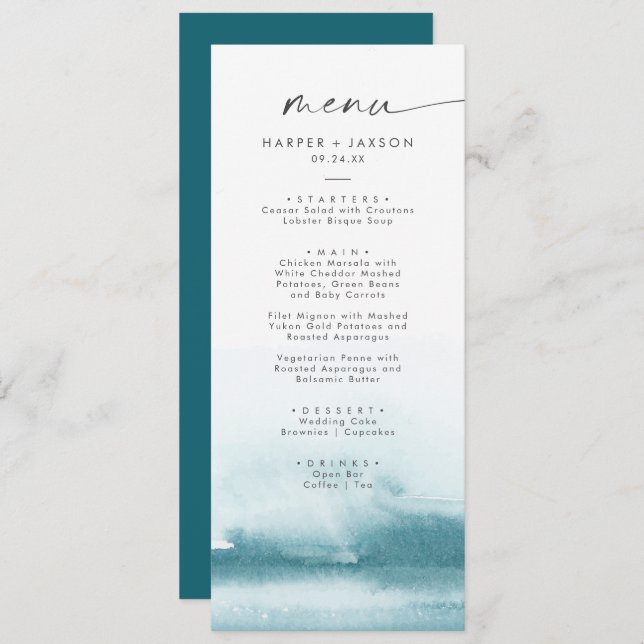 Modern Watercolor | Menu Janto Teal Wedding (Frente/Verso)