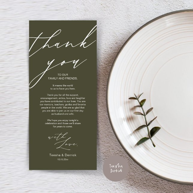 Modern Wedch Place Setting Obrigado Cartão de Jant (Wedding Dinner Place Setting Thank You Card, Modern Minimalist Script, in Olive Green)