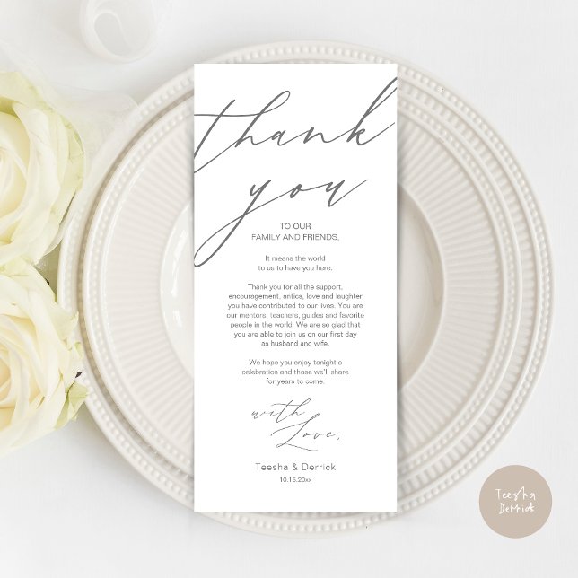 Modern Wedch Place Setting Obrigado Cartão de Jant (Wedding Dinner Place Setting Thank You Card, Modern Minimalist Script, in Dark Grey)