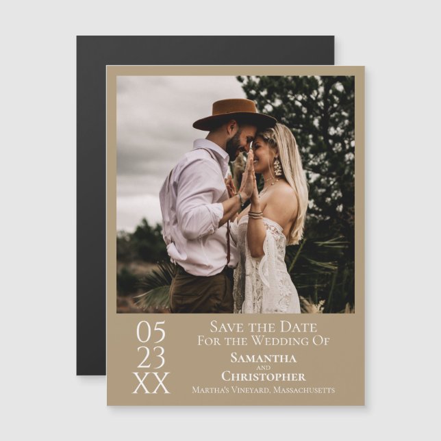 Modern Wedding Save the Date Photo Tan Magnet (Frente/Verso)