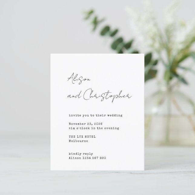 Modern White Elegant Script Wedding Invitation (Em pé/Frente)