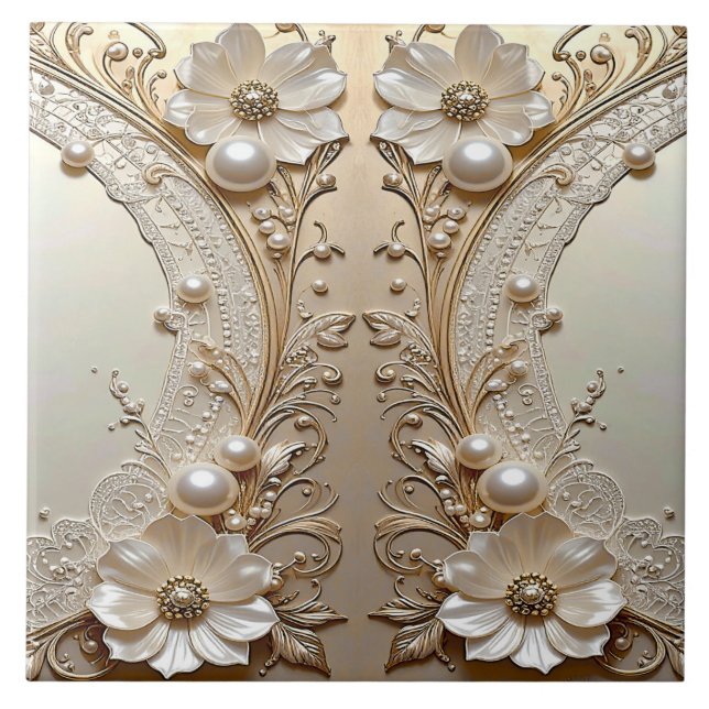 Modern White Flowers Pearls Ceramic Tile (Frente)