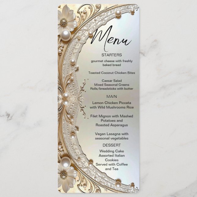 Modern White Flowers Pearls Menu (Frente)