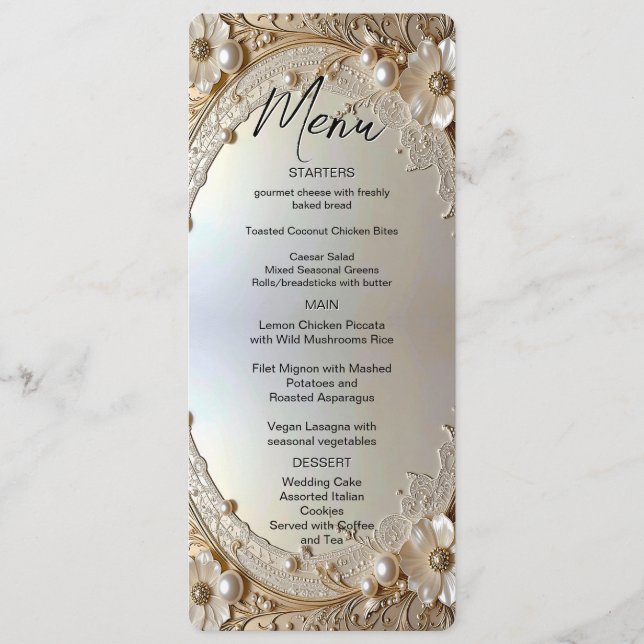 Modern White Flowers Pearls Menu (Frente)