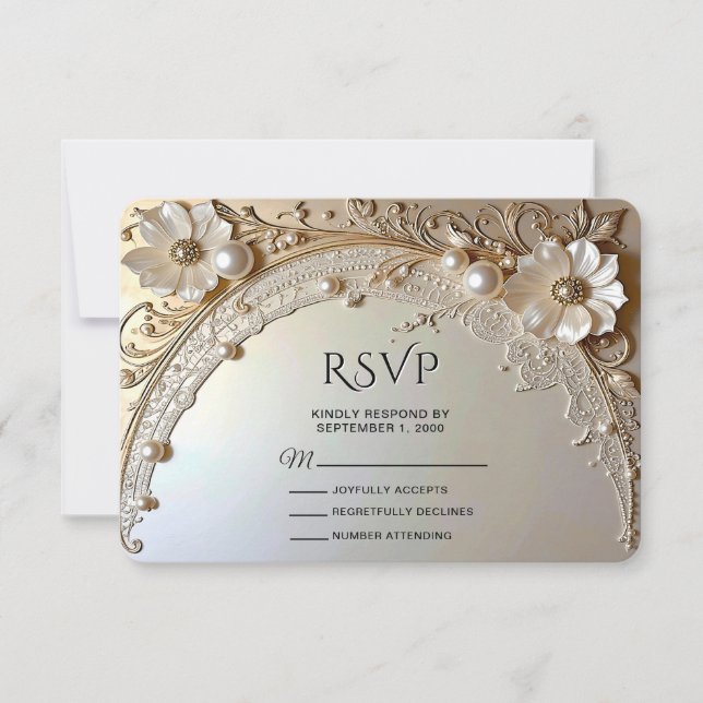 Modern White Flowers Pearls RSVP Card (Frente)
