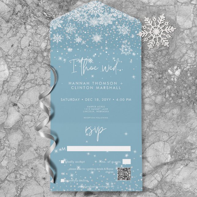 Modern White Sparkle Snowflakes Código QR Azul (Modern White Sparkle Snowflakes Blue QR Code All In One Invitation)