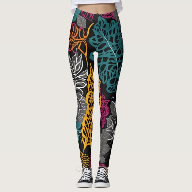 Modern Yellow, Blue and Black Lacy Leaf  Leggings (Frente)