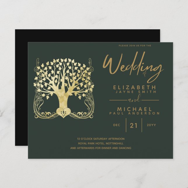 Moderna Dourada Árvore de Convites de casamento de (Frente/Verso)