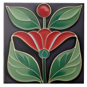 Modernista Art Nouveau Faux Alivio Flor Vermelho N