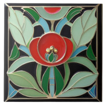 Modernista Art Nouveau Faux Alivio Flor Vermelho V