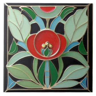 Modernista Art Nouveau Faux Alivio Flor Vermelho V