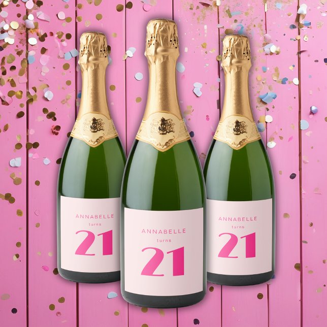 Moderno 21 ruas 21 Festas de aniversário Rosa Quen (Hot pink custom bottle labels for girls 21st birthday party celebrations and party decor. )