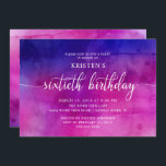 Moderno 60º Convite de aniversário<br><div class="desc">Lindo convite de aniversário 60º com fonte de script chic definida em um plano de fundo de cor d'água roxo e rosa.  Sacudir nosso convite para ver uma correspondência de volta para um toque especial extra.  Disponível em nosso compro em outras combinações de cores.</div>