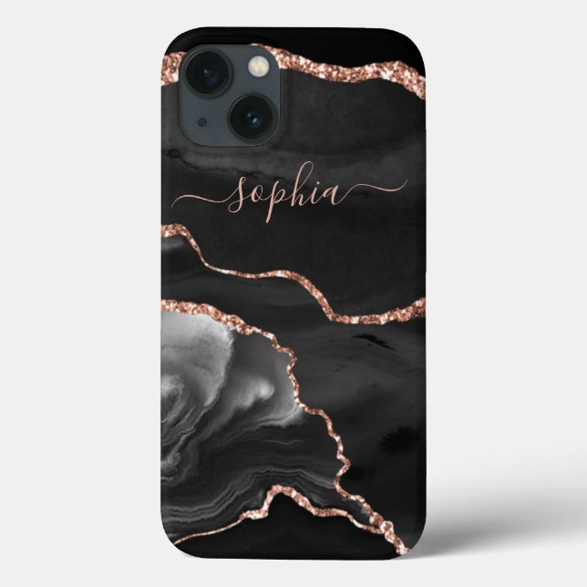 Moderno Agate Negro e Faux Rosa Dourado (Verso)