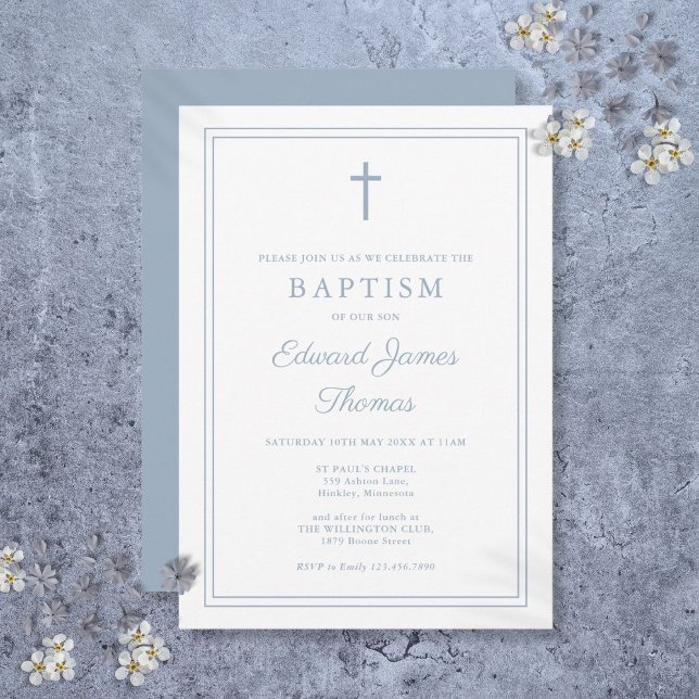 Moderno Convite de Batismo Elegante com Borda Azul (Modern Elegant Dusty Blue Border Baptism Invitation)