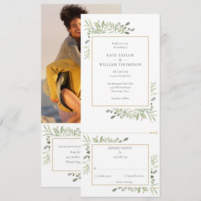 Moderno Convite de Casamento com Fotos e Vegetação (Frente/Verso)