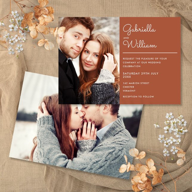 Moderno Convite de Casamento em Script Elegante Te (Modern Elegant Script Terracotta 2 Photo Wedding Invitation)