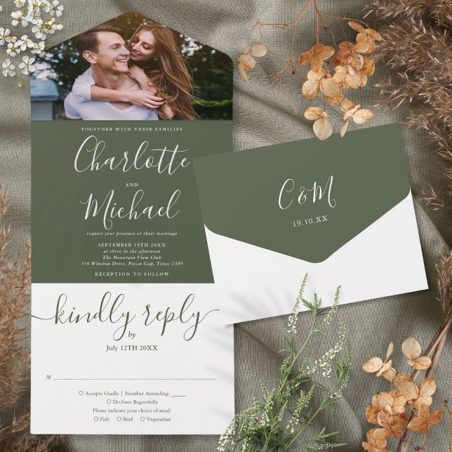 Moderno Convite de Casamento Foto Script Oliva Ele (Modern Elegant Olive Script Photo Wedding All In One Invitation)