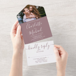 Moderno Convite de Casamento Foto Script Roxo Eleg