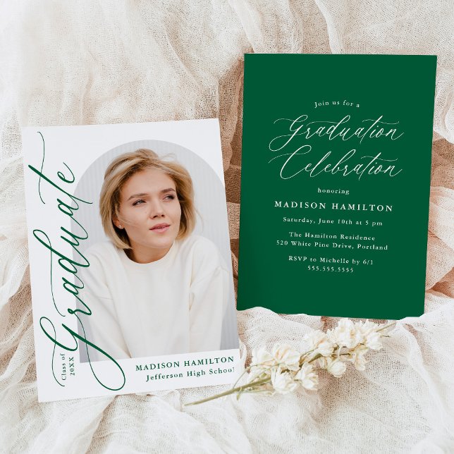 Moderno Convite de Formatura com Caligrafia Verde  (Criador carregado)
