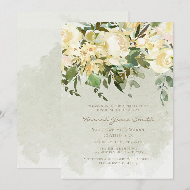 Moderno Convite de Formatura Floral Branco Elegant (Frente/Verso)