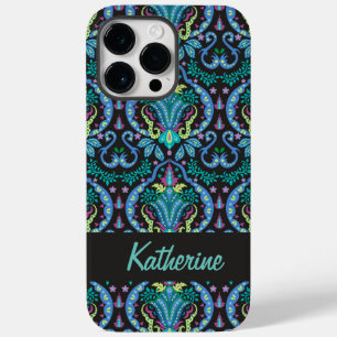 Moderno Damask Art Deco Black Turquoise Blue Name