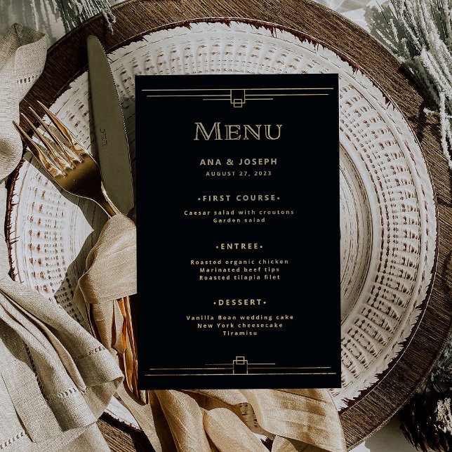 Moderno Deco | Menu de Casamento Preto e Dourado E (Criador carregado)