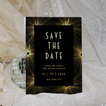 Moderno Deco Preto Casamento Save the Date Dourado