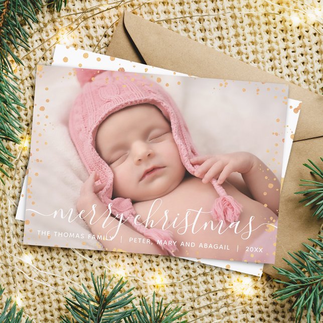 Moderno e Dourado Cartão com fotos de Natal Feliz (Modern Faux Gold Splash Merry Christmas Photo Card)