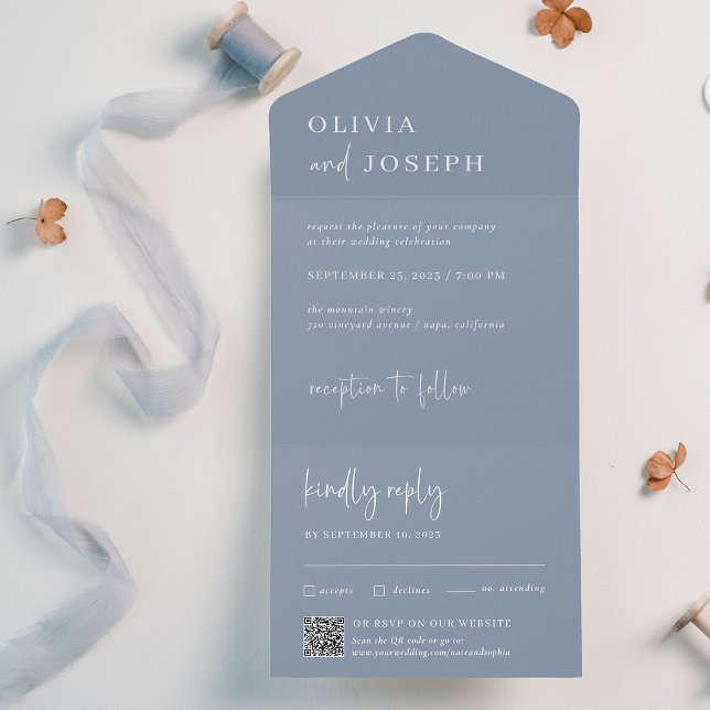 Moderno e minimalista simples | Código QR de Casam (A chic, modern dusty blue wedding invitation that includes an rsvp card with scannable QR code)