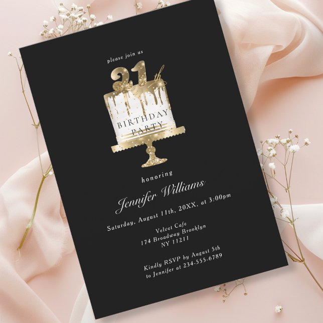 Moderno, elegante 21. convite preto de aniversário (Modern, elegant, luxury, black & gold, 21. birthday invitation with cake illustration.)