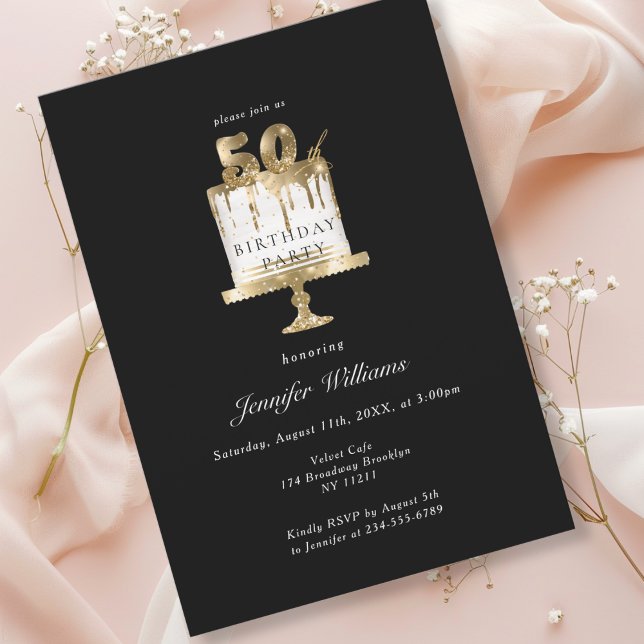Moderno, elegante 50. convite preto de aniversário (Modern, elegant, luxury, black & gold, 50. birthday invitation with cake illustration.)