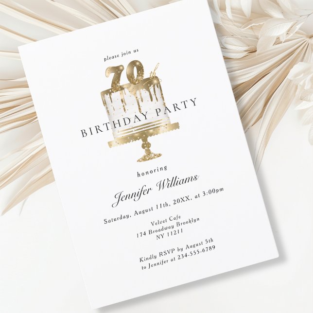 Moderno, elegante 70. Convite de aniversário (Modern, elegant, white, cake, 70. birthday invitation.)
