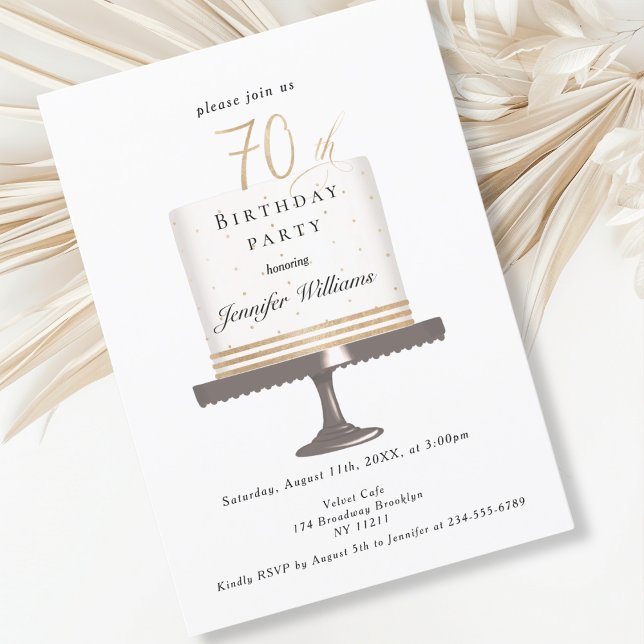 Moderno, elegante 70. Convite de aniversário (Modern, elegant, luxury, white & gold, 70. birthday invitation with cake illustration.)