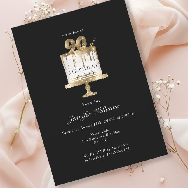 Moderno, elegante 90. convite preto de aniversário (Modern, elegant, luxury, black & gold, 90. birthday invitation with cake illustration.)
