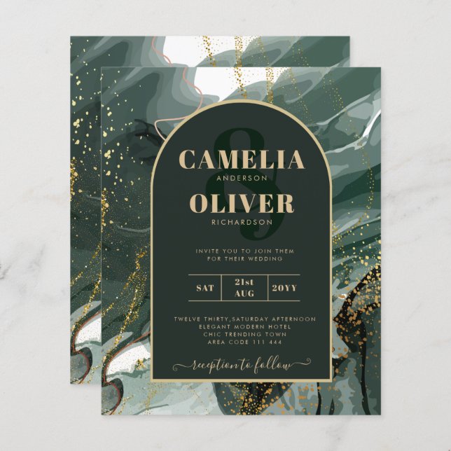 Moderno Emerald Green Dourado Agate Marble WEDDING (Frente/Verso)