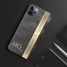 Moderno Estilo Preto Couro Folha Dourada Monograma