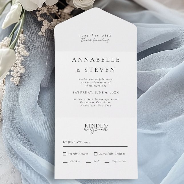 Moderno, Mínimo, Branco, Casamento (Modern, Minimal, White, Wedding All In One Invitation)
